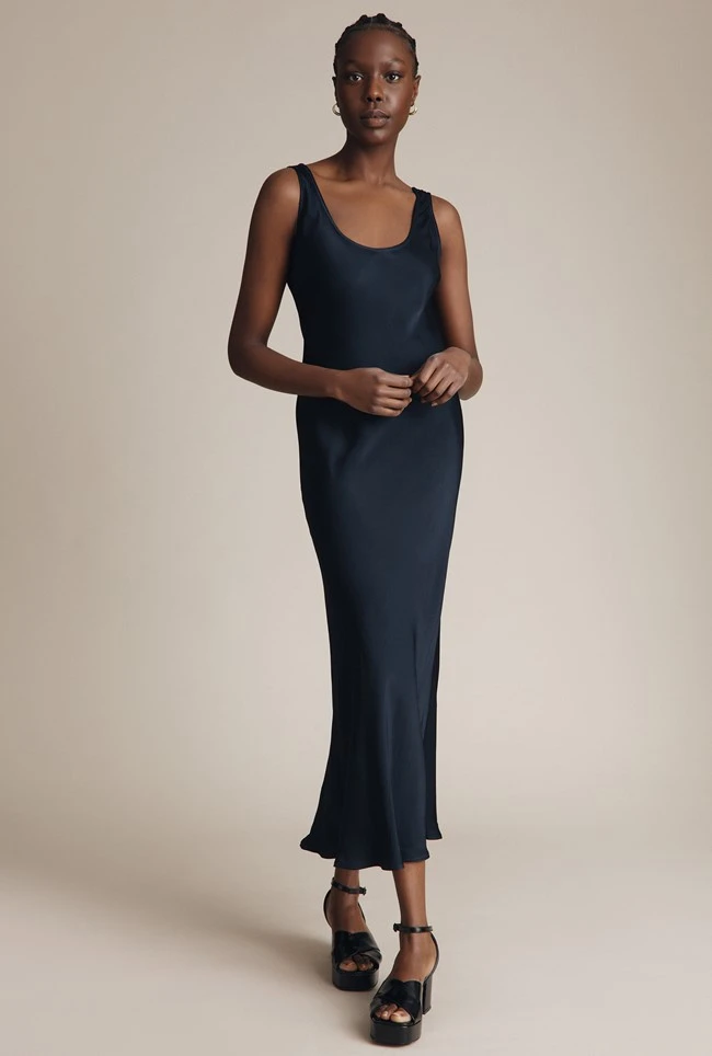 Palm Satin Slip Midi Dress Navy 1 Palm Satin Slip Midi Dress Navy