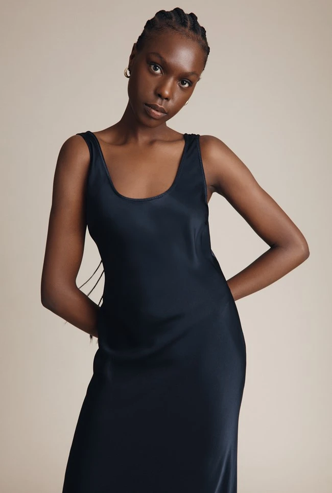 Palm Satin Slip Midi Dress Navy 2 Palm Satin Slip Midi Dress Navy - Image 2