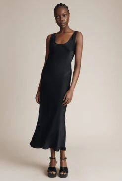 Palm Satin Slip Midi Dress Black