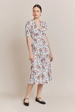 Lucy Satin Midi Dress Blue Umbrella Flowers -Top Sell Dress Sales Store D06G003 Z30 27333 650px 964px