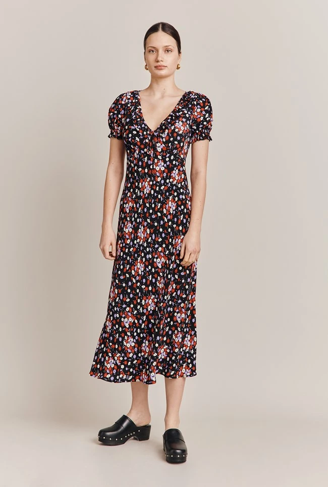 Kaylee Black Floral Print Midi Dress Black Umbrella Flowers 3 Kaylee Black Floral Print Midi Dress Black Umbrella Flowers - Image 3