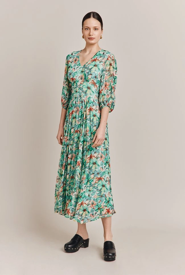 Margot Georgette Midi Dress Green Floral 2 Margot Georgette Midi Dress Green Floral - Image 2