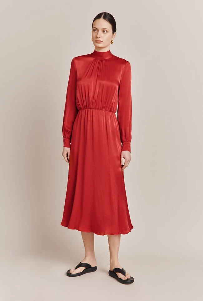 Miley Satin Midi Dress Carmine 1 Miley Satin Midi Dress Carmine