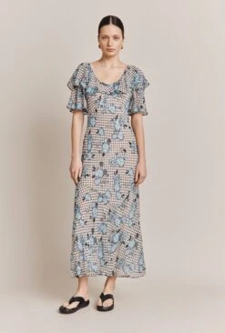 Birdie Crepe Midi Dress Blue Gingham -Top Sell Dress Sales Store D06G053 Z99 27466 650px 964px
