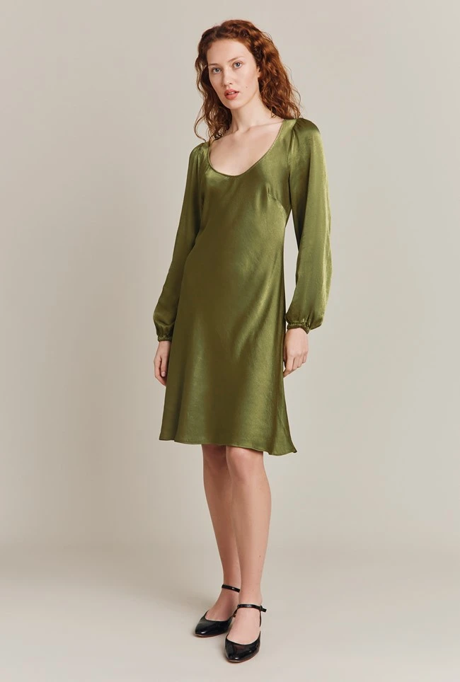 Josephine Satin Knee Length Dress Olive 2 Josephine Satin Knee Length Dress Olive - Image 2