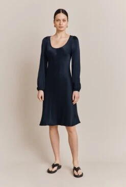 Josephine Satin Knee Length Dress Navy