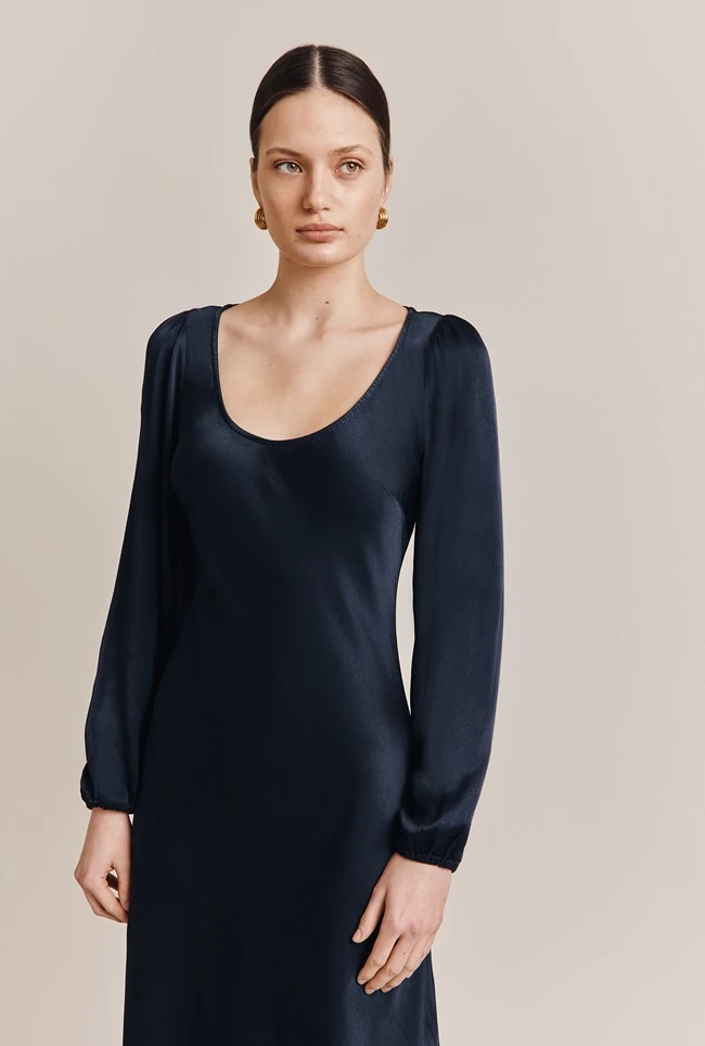 Josephine Satin Knee Length Dress Navy 3 Josephine Satin Knee Length Dress Navy - Image 3