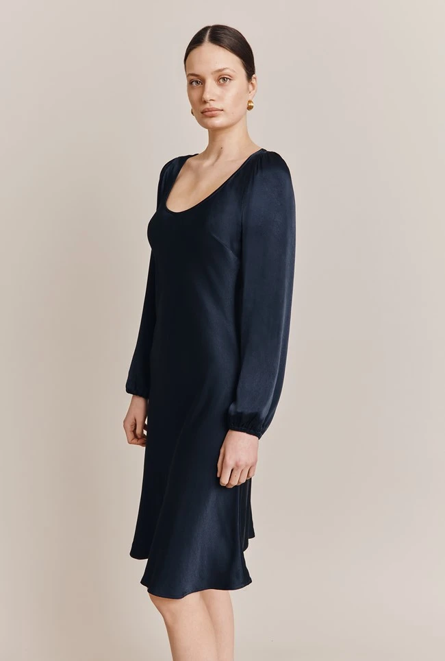 Josephine Satin Knee Length Dress Navy 2 Josephine Satin Knee Length Dress Navy - Image 2