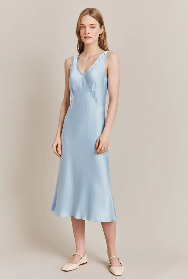 Summer Satin Midi Dress Chambray Blue 1 Summer Satin Midi Dress Chambray Blue