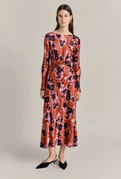 Christine Satin Midi Dress Rust Ikat Print -Top Sell Dress Sales Store D07G025 Z74 29419 650px 964px