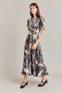 Beatrix Satin Midi Dress Green Floral -Top Sell Dress Sales Store D07G029 Z34 28797 650px 964px