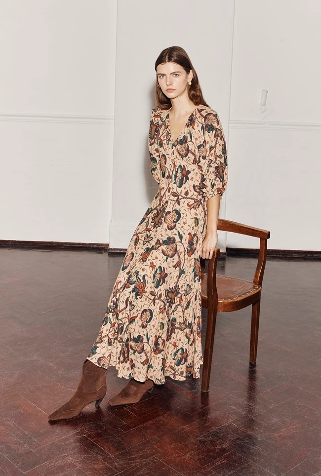 Dana Crepe Midi Dress Cream Jacobean Floral 1 Dana Crepe Midi Dress Cream Jacobean Floral