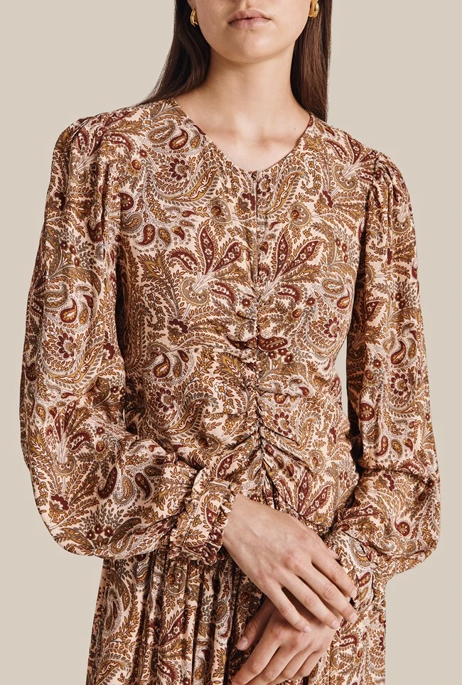 Ava Crepe Midi Dress Khaki Paisley 5 Ava Crepe Midi Dress Khaki Paisley - Image 5