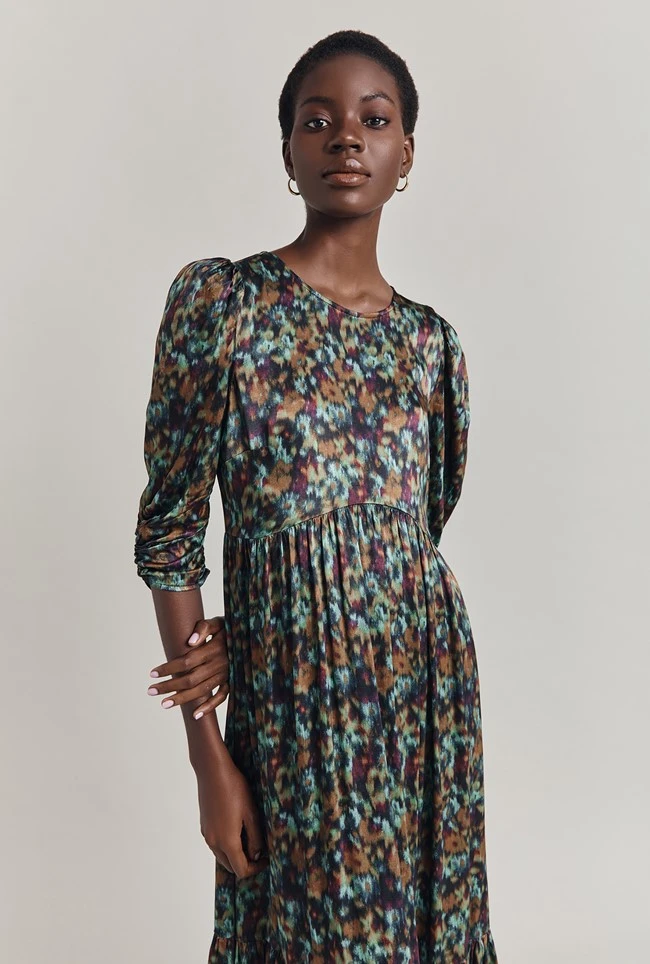 Maya Tiered Satin Midi Dress Green Ikat 3 Maya Tiered Satin Midi Dress Green Ikat - Image 3