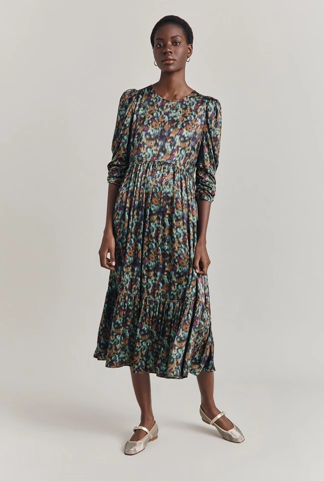 Maya Tiered Satin Midi Dress Green Ikat 5 Maya Tiered Satin Midi Dress Green Ikat - Image 5