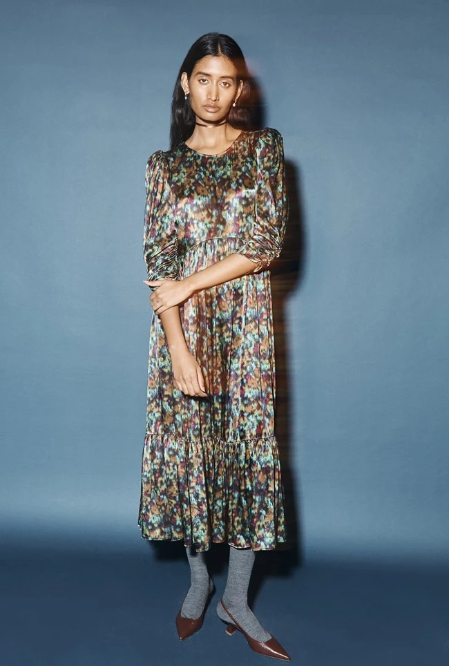 Maya Tiered Satin Midi Dress Green Ikat 1 Maya Tiered Satin Midi Dress Green Ikat