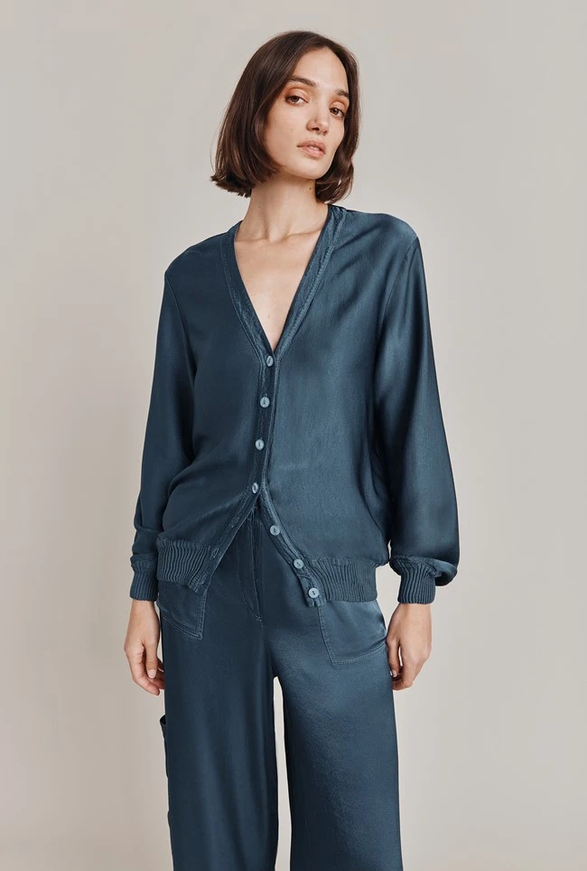 Mia Satin Bomber Jacket Dark Denim 1 Mia Satin Bomber Jacket Dark Denim