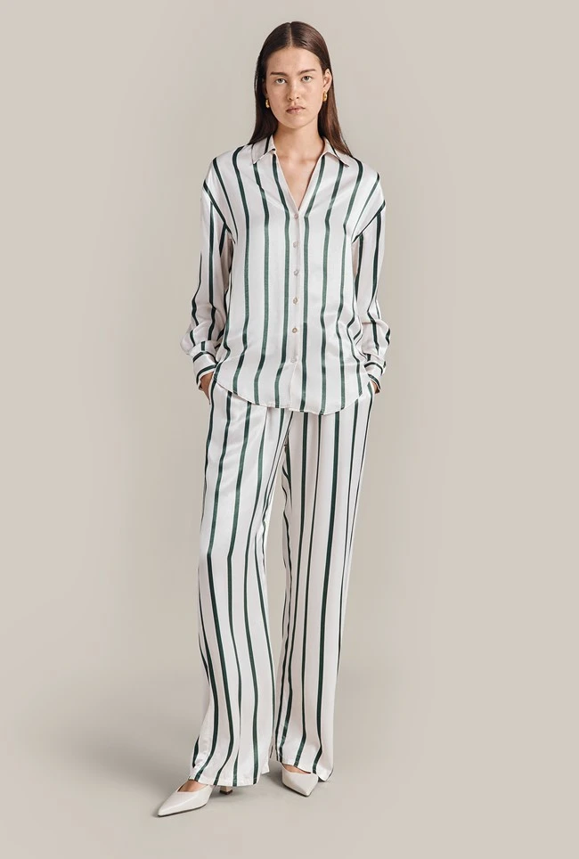 Imogen Satin Wide Leg Trouser Green Stripe 2 Imogen Satin Wide Leg Trouser Green Stripe - Image 2