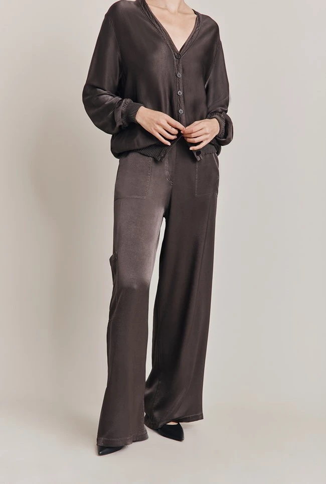 Aurora Satin Cargo Trousers Dark Charcoal 1 Aurora Satin Cargo Trousers Dark Charcoal