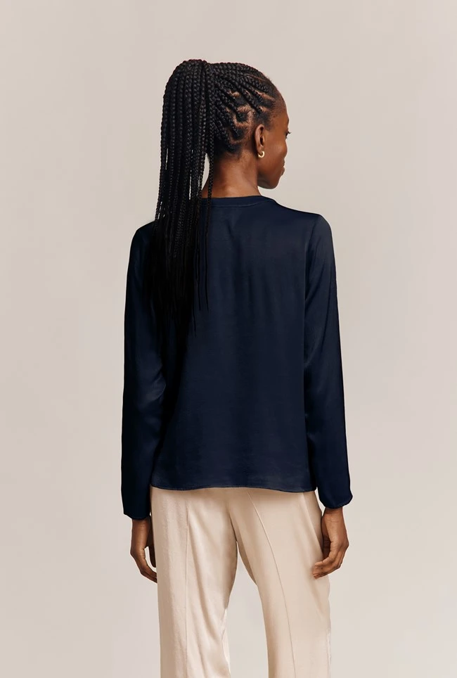 Efie Satin Long Sleeve Blouse Navy 2 Efie Satin Long Sleeve Blouse Navy - Image 2