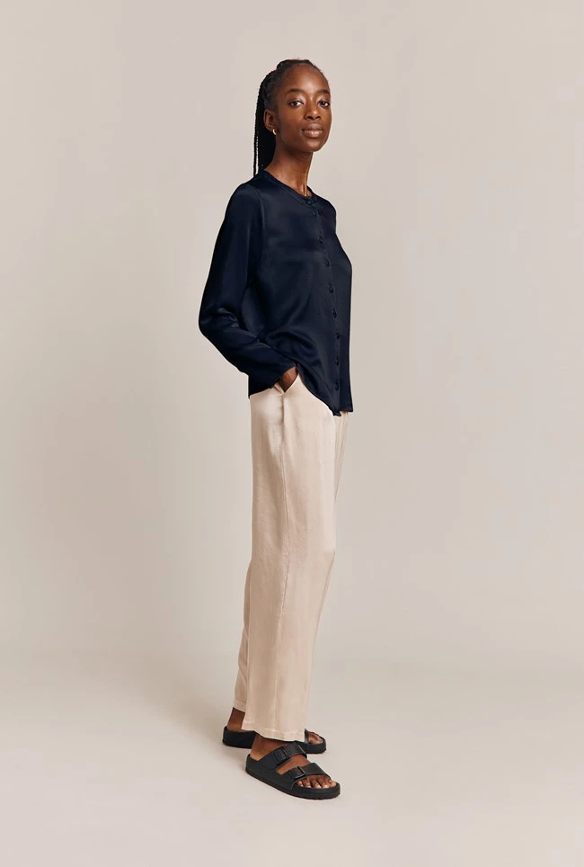 Efie Satin Long Sleeve Blouse Navy 4 Efie Satin Long Sleeve Blouse Navy - Image 4