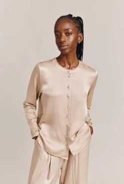 Efie Satin Long Sleeve Blouse Stone -Top Sell Dress Sales Store Q06G010 N04 26767 650px 964px