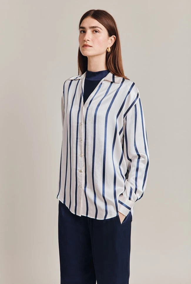 Amy Satin Long Sleeve Shirt Navy Stripe 1 Amy Satin Long Sleeve Shirt Navy Stripe
