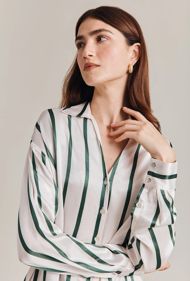 Amy Satin Long Sleeve Shirt Green Stripe 1 Amy Satin Long Sleeve Shirt Green Stripe
