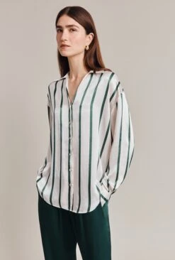 Amy Satin Long Sleeve Shirt Green Stripe 9 Amy Satin Long Sleeve Shirt Green Stripe -Top Sell Dress Sales Store Q07G009 Z80 28832 650px 964px