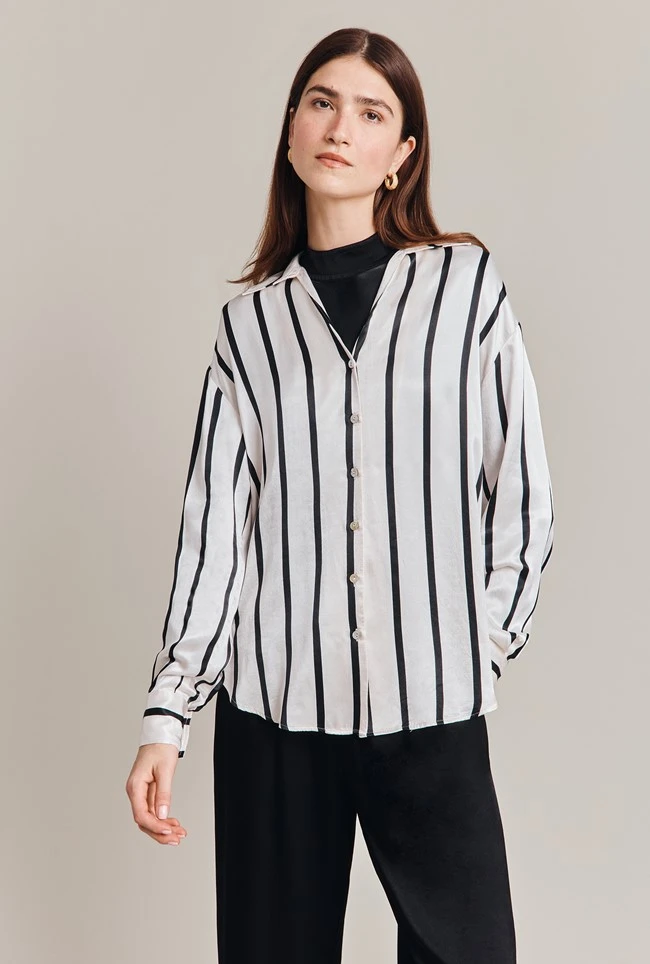 Amy Satin Long Sleeve Shirt Black Stripe 1 Amy Satin Long Sleeve Shirt Black Stripe