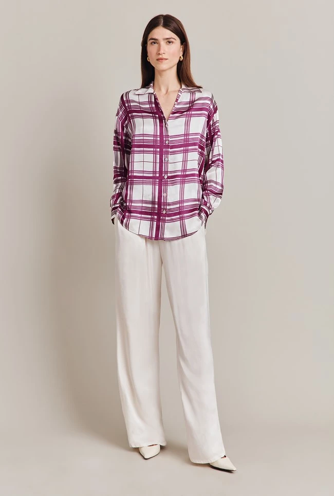 Amy Satin Long Sleeve Shirt Purple Check 2 Amy Satin Long Sleeve Shirt Purple Check - Image 2