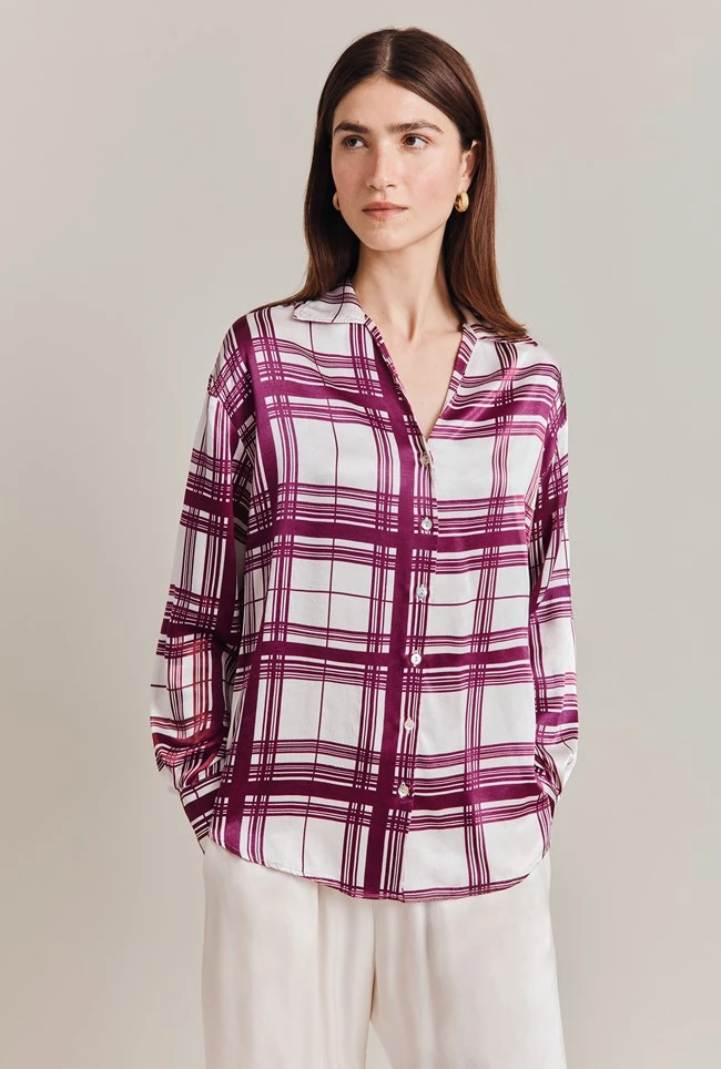 Amy Satin Long Sleeve Shirt Purple Check 1 Amy Satin Long Sleeve Shirt Purple Check