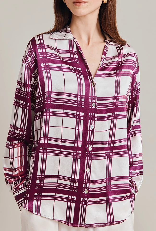 Amy Satin Long Sleeve Shirt Purple Check 5 Amy Satin Long Sleeve Shirt Purple Check - Image 5