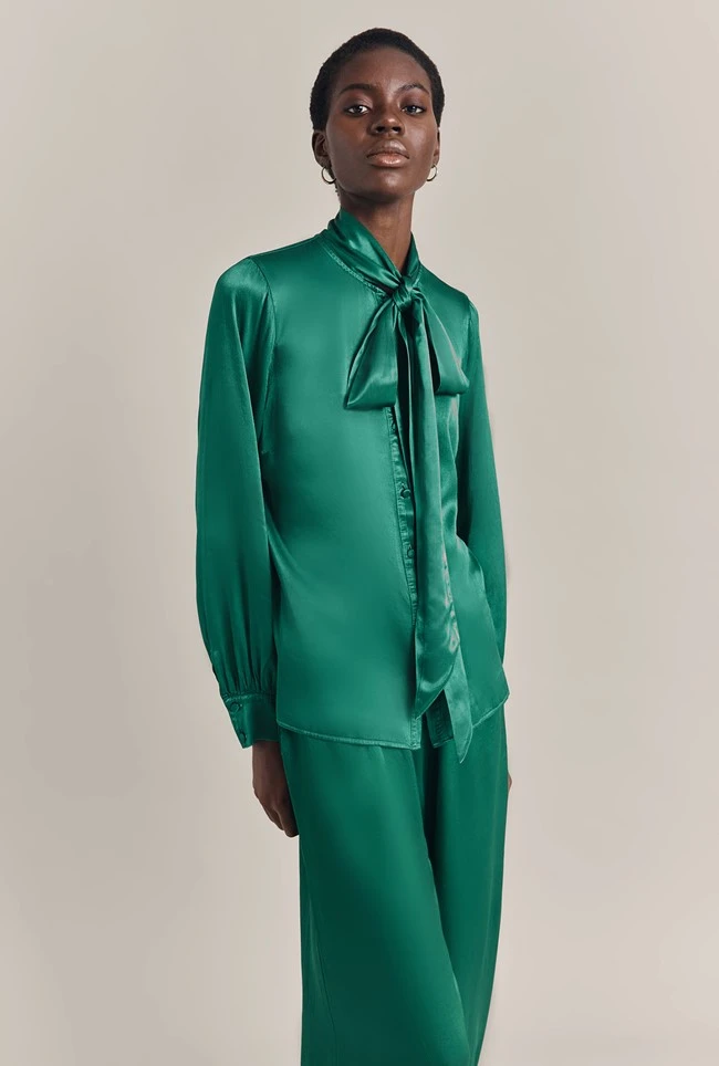 Anna Satin Pussybow Blouse Green 2 Anna Satin Pussybow Blouse Green - Image 2