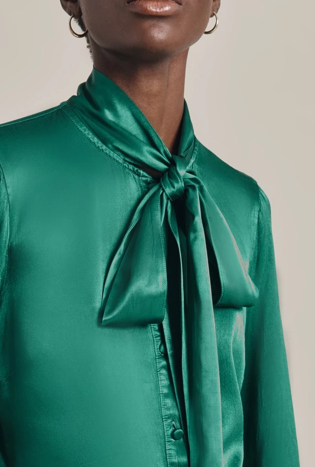 Anna Satin Pussybow Blouse Green 6 Anna Satin Pussybow Blouse Green - Image 6